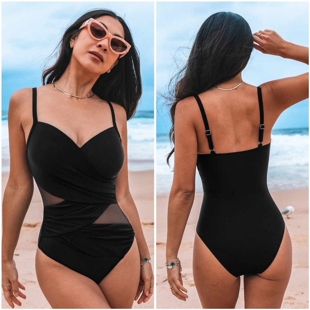 NWT Cupshe Black Mesh Bandage V Ruched Cut Out One Piece Swimsuit Bathing Suit M